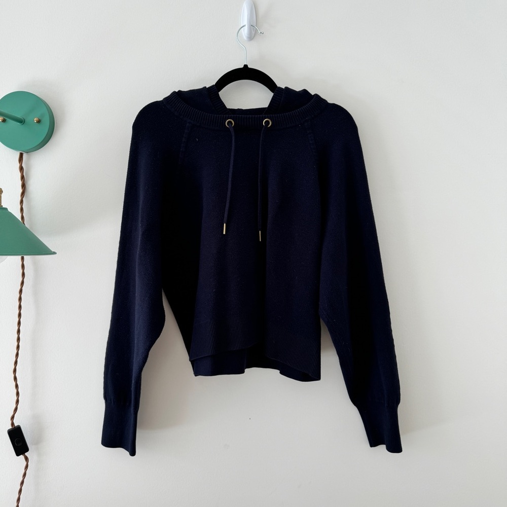 Sandro Navy Blue Knit Cropped Hoodie Sweater
